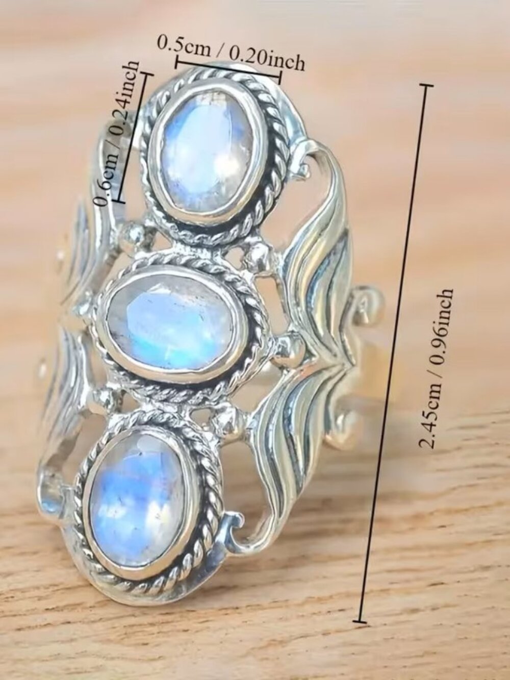 Vintage Style Bohemian Boho Ring Inlaid with a Row of Moonstones Z158 - Picture 2 of 2